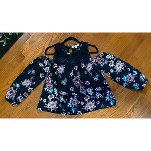 Rewind Long Sleeve Floral Cold Shoulder Top Black Pink Size Junior Small